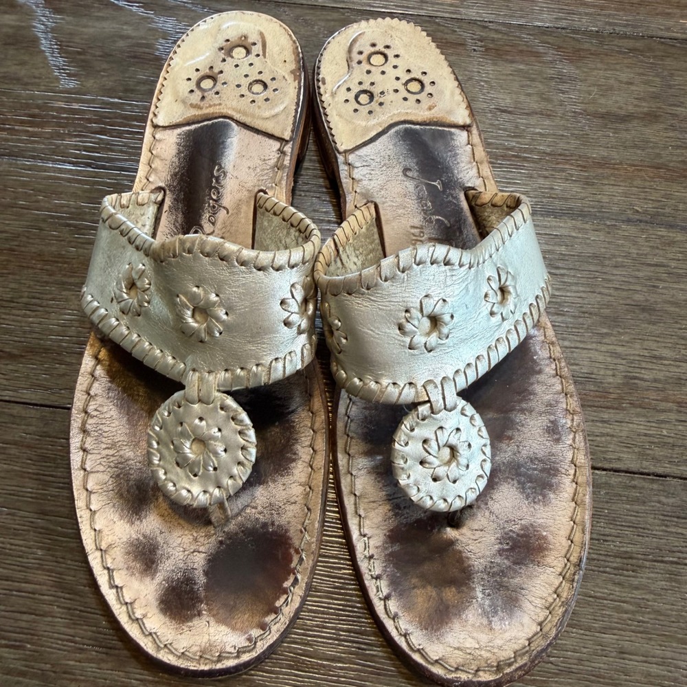 Jack Rogers Jacks Distressed Sandal Platinum Gold Leather Whipstitch‎ 10